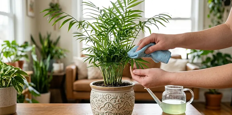 Cleaning the fronds of Parlor Palm