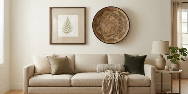 A fabric-matted frame and a woven wall tray grouped on a wall above a linen sofa.
