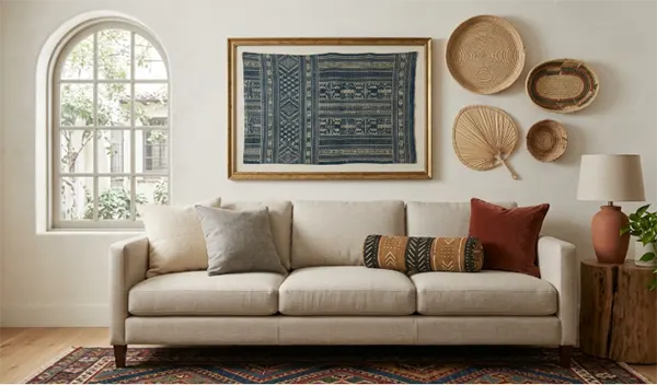 A framed fabric panel hanging above a sofa, with a patterned wool rug visible on the floor below.