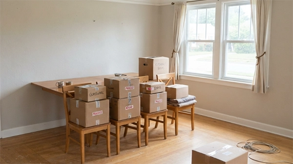 A mostly empty dining room with a table pushed against the wall and boxes stacked on the chairs.
