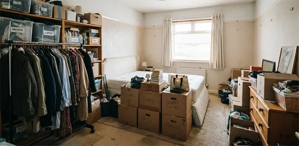 A spare bedroom used for storage, with a clothes rail and stacked boxes where a bed used to be.