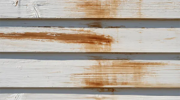 Brown tannin streaks bleeding through white paint on cedar siding.
