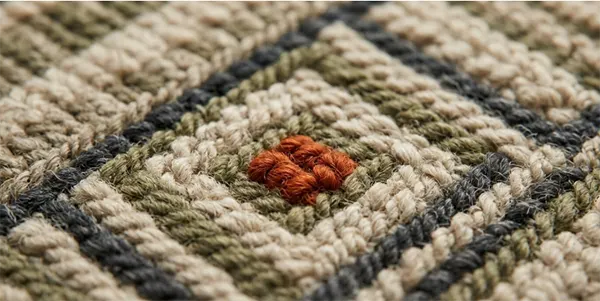 Close-up of a patterned wool rug with a small accent color picked out in the weave.