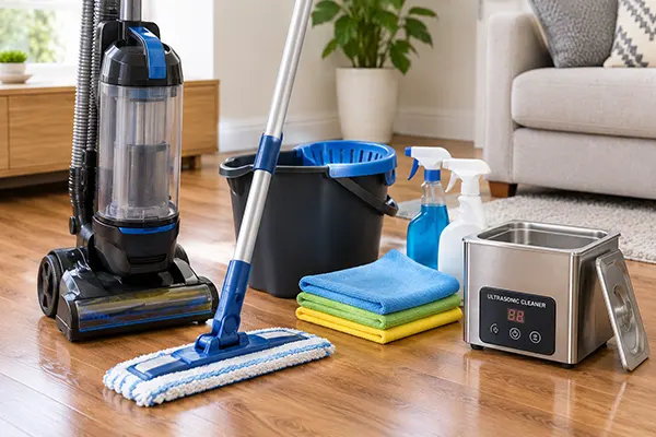 Home cleaning tools beside a vacuum, mop, cloths, and a small ultrasonic cleaner.