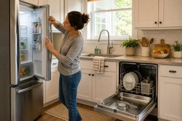 Homeowner checking a refrigerator door seal while maintaining appliances in a modern kitchen.
