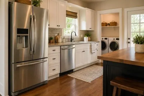 Modern Duluth home kitchen with a stainless-steel refrigerator, dishwasher, and nearby washer and dryer.