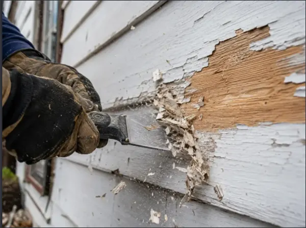 Peeling exterior paint lifting away from wood siding in sheets.