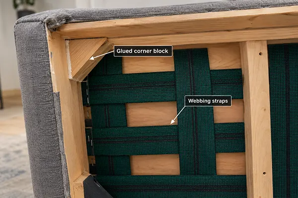 The underside of a sofa frame showing a glued corner block and webbing straps.