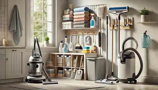 Vacuum attachments, folded cloths, mop pads, and cleaning brushes are organized on a utility shelf.