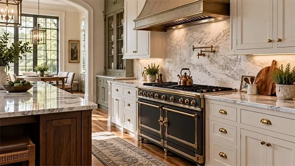 Elegant renovated Buckhead estate kitchen featuring a well-maintained vintage-style range alongside custom cabinetry and natural stone countertops.