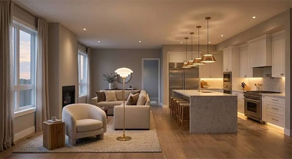 Open-plan kitchen and living area at night, lit in separate zones by pendants over the island and low lamps by the sofa