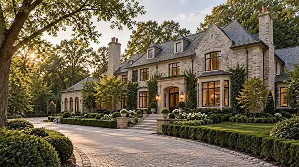 Photorealistic historic estate home in Buckhead’s Tuxedo Park, showcasing restored architecture, manicured landscaping, and understated modern updates.