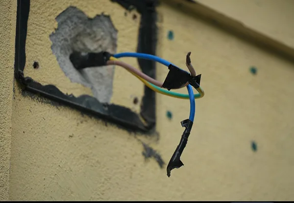 An open wall during a home renovation, exposing old wiring, insulation, and framing behind torn-out drywall.