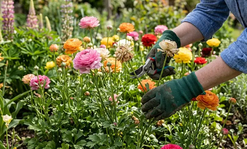 Deadheading the persian buttercup flowers