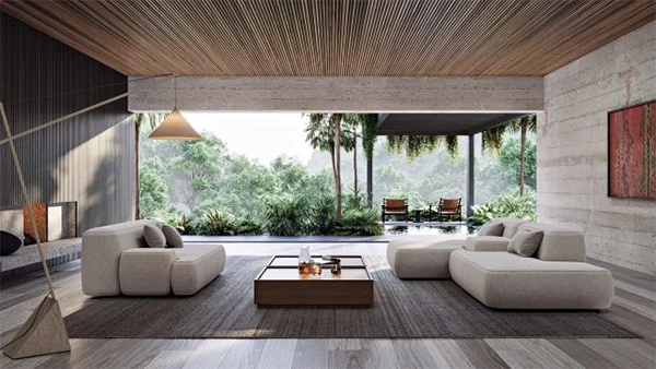 Luxury residence with natural stone, warm timber, broad glazing and a landscaped terrace