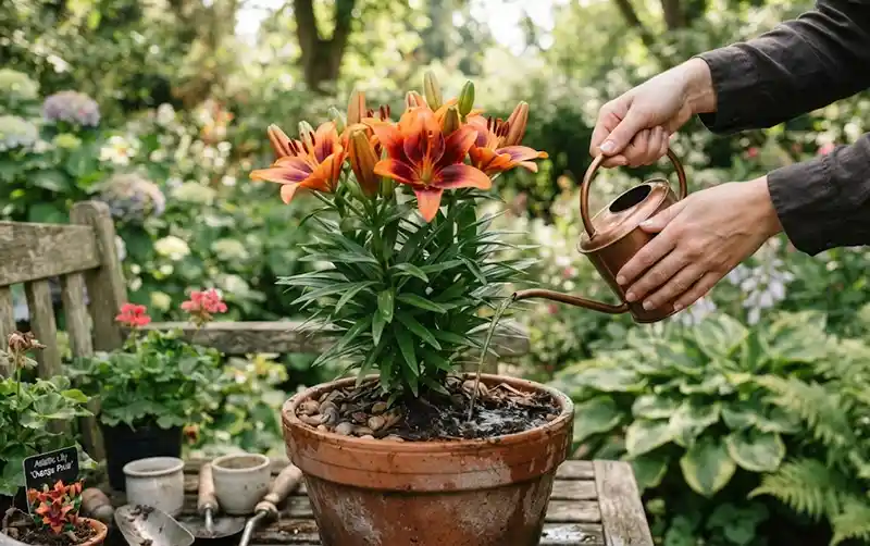Watering Asiatic Lily Plant 